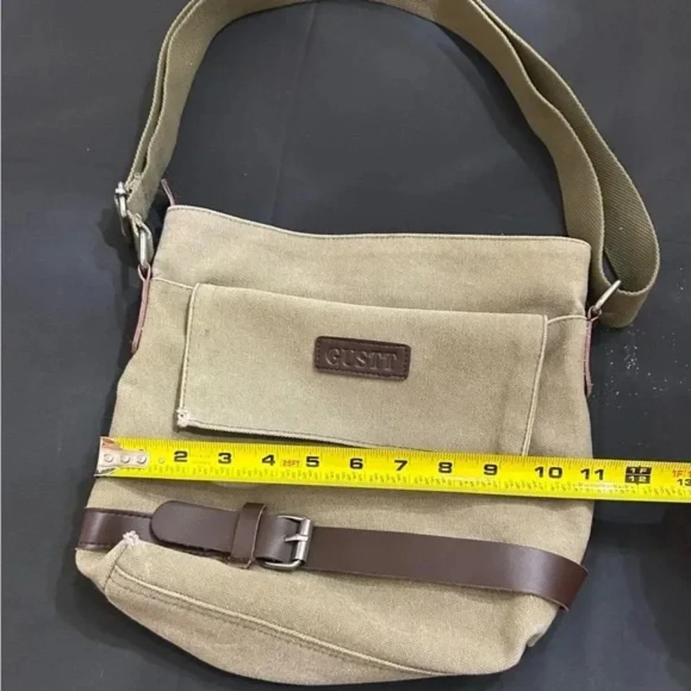 GUSTT Canvas Messenger Bag Khaki Brown Trim Adjustable Shoulder Crossbody Bag